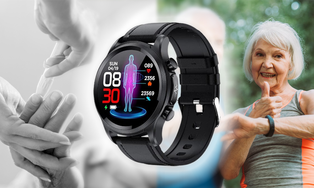 Boldog idős nő Glucotrack SmartWatch-csal